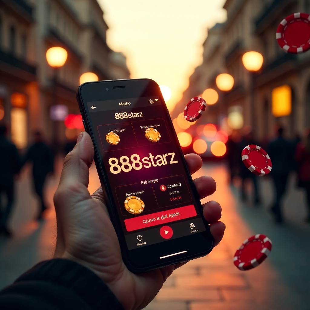 A premium smartphone in a hand with the 888starz app interface, background featuring a blurred Gran Vía in Madrid at sunset, 3D flying gold coins and red poker chips, brand colors red and black, hyper-realistic, 8k.